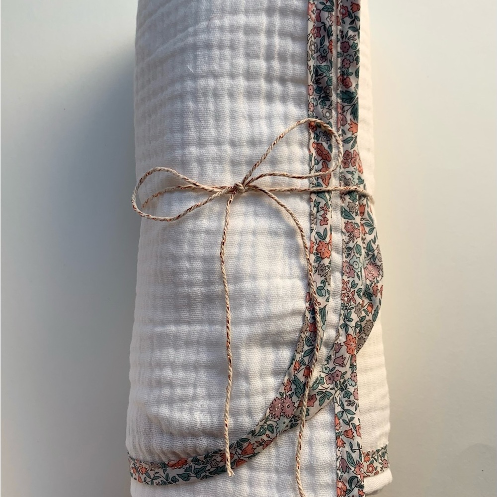 Handmade Liberty cotton triple layered gauze swaddle with floral trim